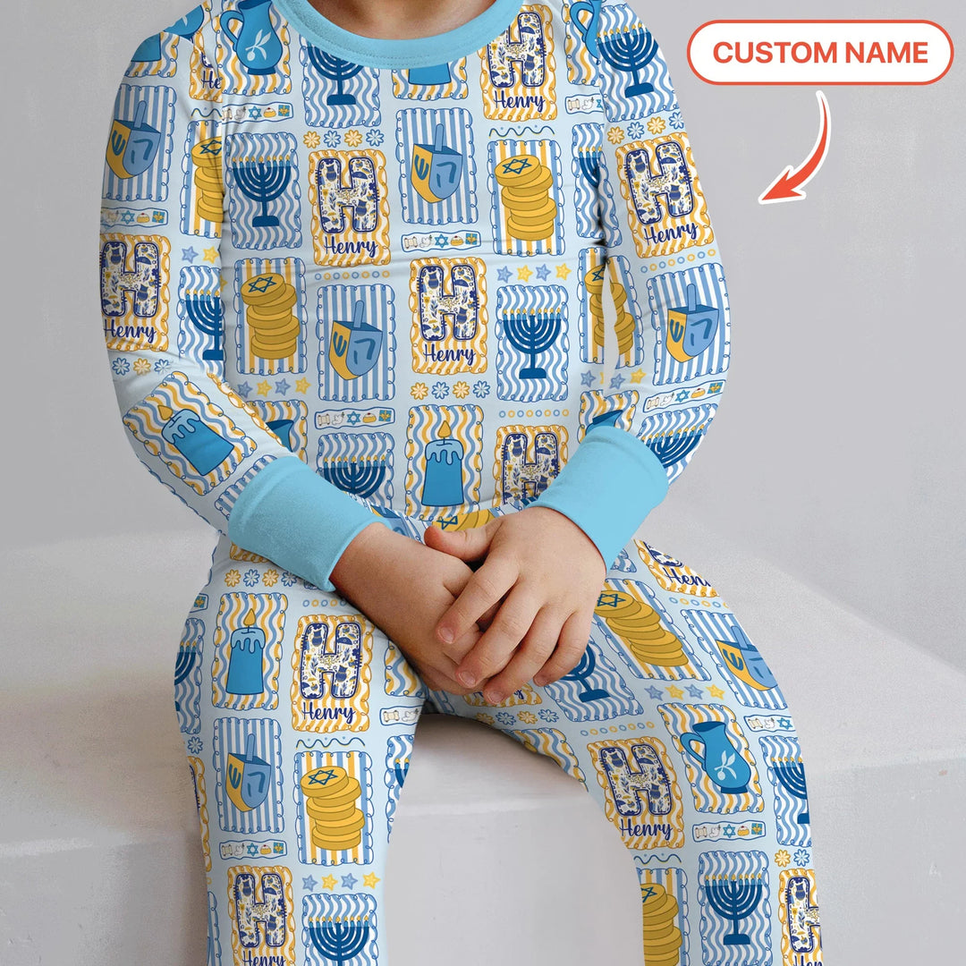 Custom Name Hanukkah Wonderland Two Piece Long Sleeve Pajama Set