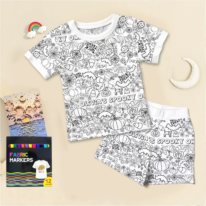 Custom Name Spooky Colorable Halloween Two Piece Short Sleeve Shorts Pajama Set , Custom Name Spooky Colorable Halloween Two Piece Short Sleeve Shorts Pajama Set - 3T