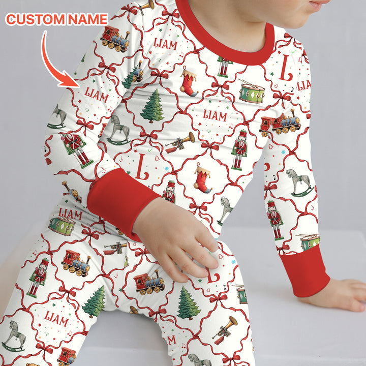 Vintage Christmas Toy Custom Name Boy Two Piece Long Sleeve Pajama Set