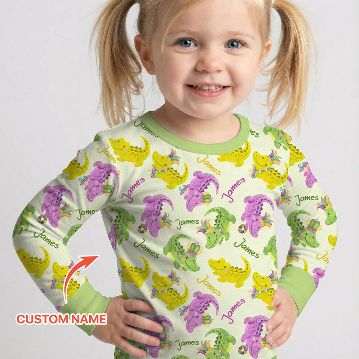 Custom Name Mardi Gras Alligator Two Piece Long Sleeve Pajama Set