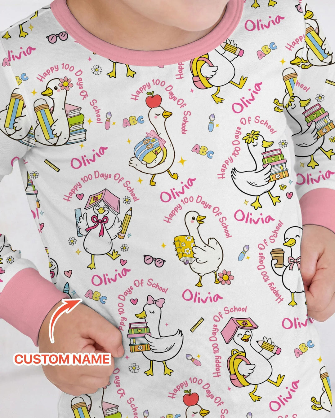 Custom Name Goose Happy 100 Days Of School Two Piece Long Sleeve Pajama Set