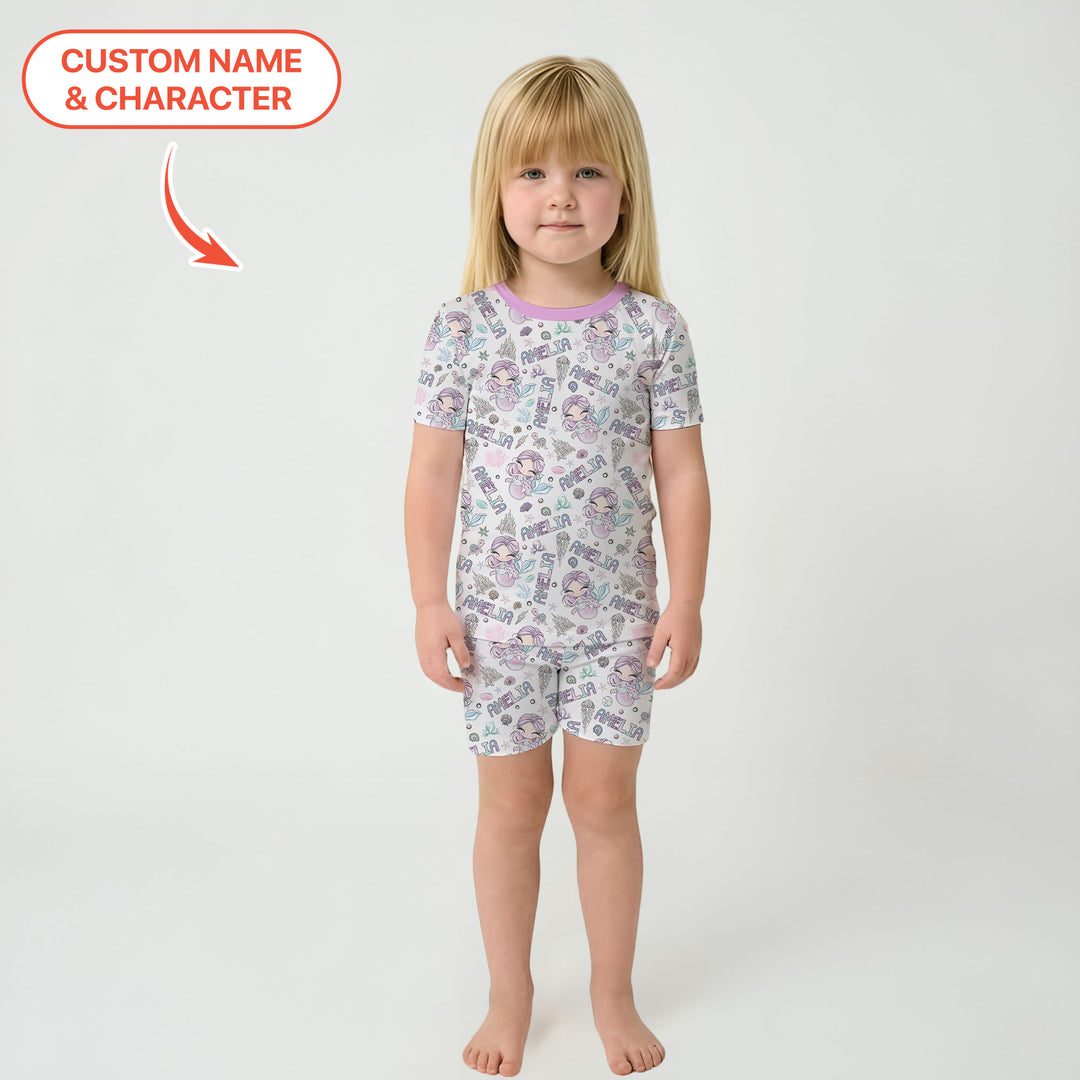 Custom Name Doodle Little Mermaid Two Piece Short Sleeve Shorts Pajama Set