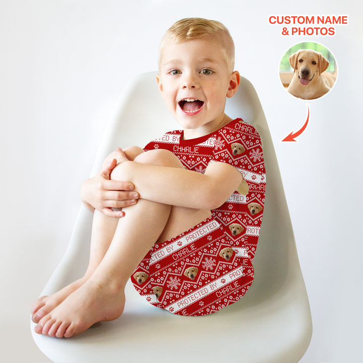 Custom Dog Photo Fair Isle Christmas Two Piece Short Sleeve Shorts Pajama Set