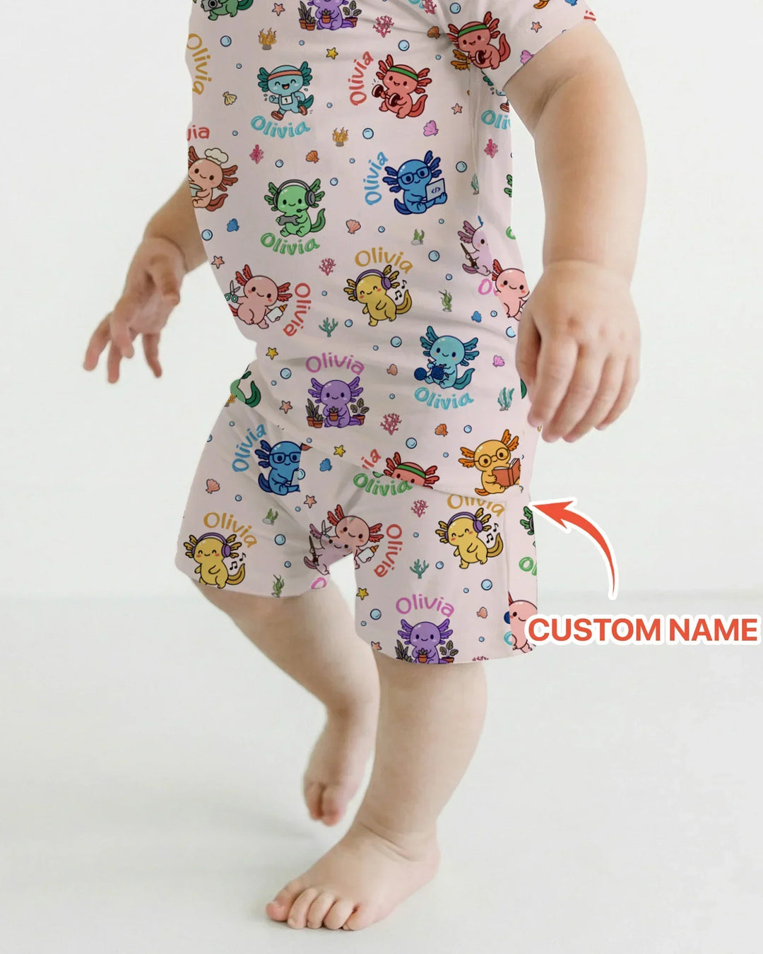Custom Name Cute Hobby Axolotl Two Piece Short Sleeve Shorts Pajama Set