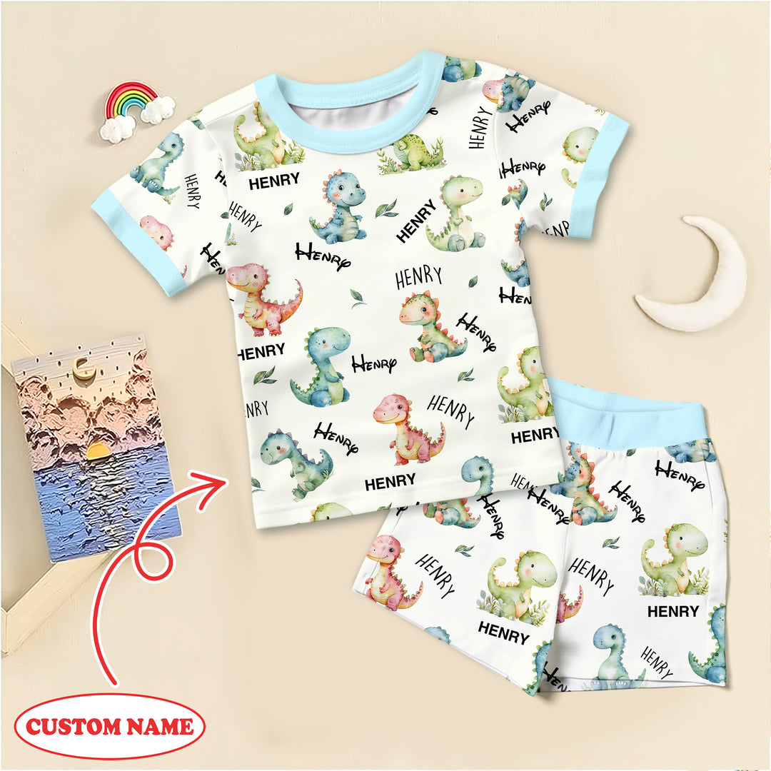 Dinosaur Custom Name Two Piece Short Sleeve Shorts Pajama Set