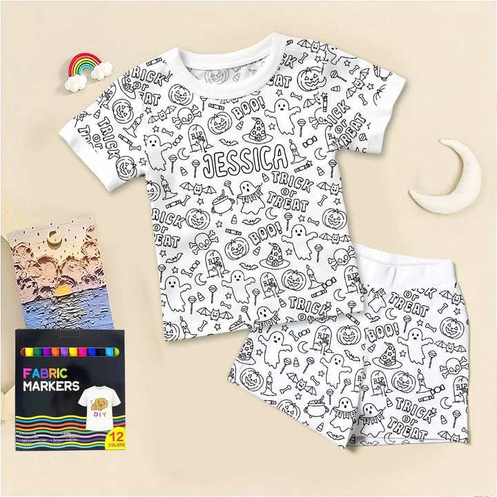 Custom Name Colorable Halloween Trick or Treat Two Piece Short Sleeve Shorts Pajama Set , Custom Name Colorable Halloween Trick or Treat Two Piece Short Sleeve Shorts Pajama Set - 3T