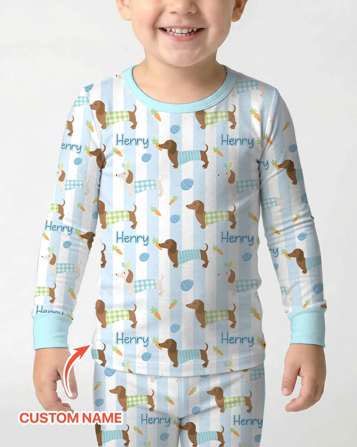 Custom Name Easter Dachshunds Family Matching Two Piece Long Sleeve Pajama Set