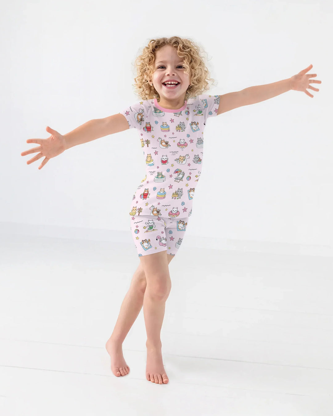 Kawaii Cats Summer Vacation Bamboo Two Piece Short Sleeve Shorts Pajama Set