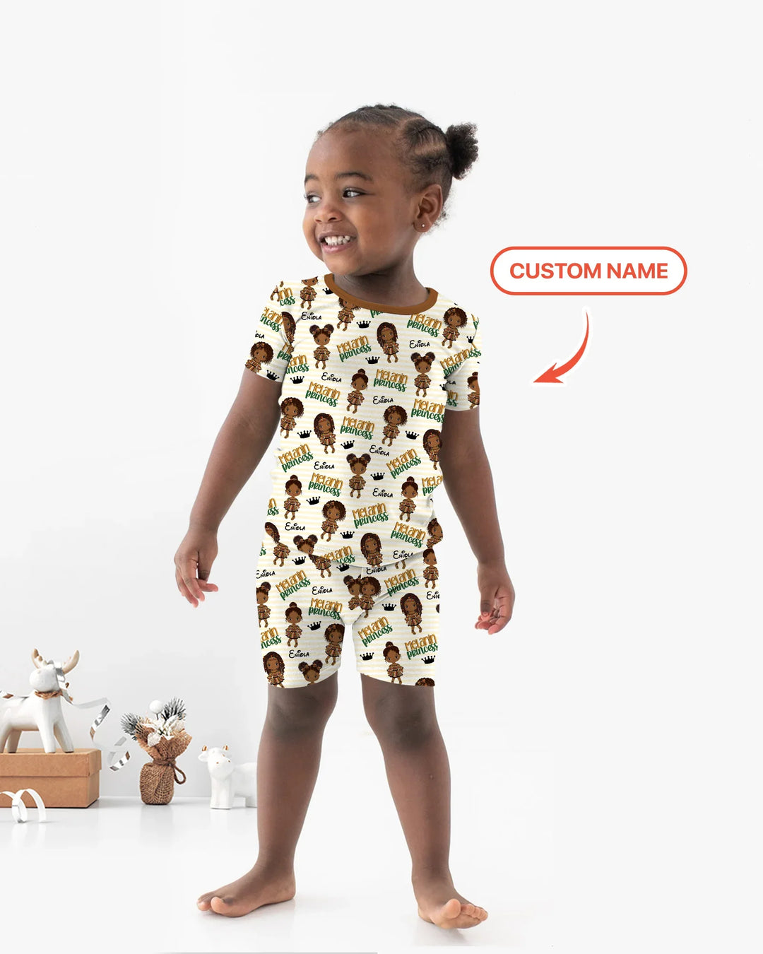 Pijama de dos piezas de bambú con nombre personalizado, "Princesa Melanin", manga corta y pantalón corto