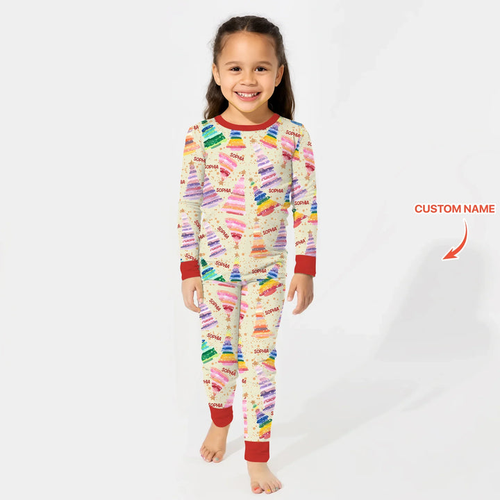 Personalized Twinkle Christmas Trees Two Piece Long Sleeve Pajama Set