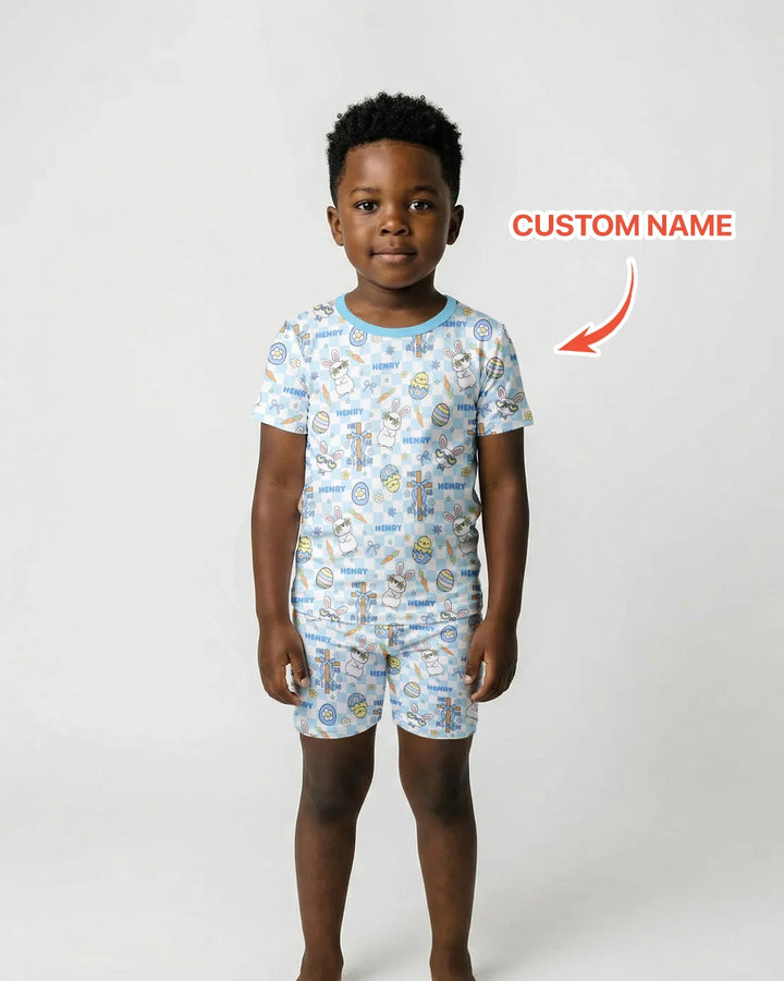 Custom Name Retro Easter Two Piece Short Sleeve Shorts Pajama Set