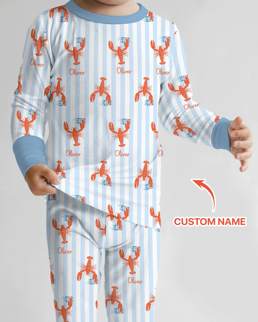 Conjunto de pijama de dos piezas de bambú de manga larga con nombre personalizado, diseño de cerveza y cangrejo de río