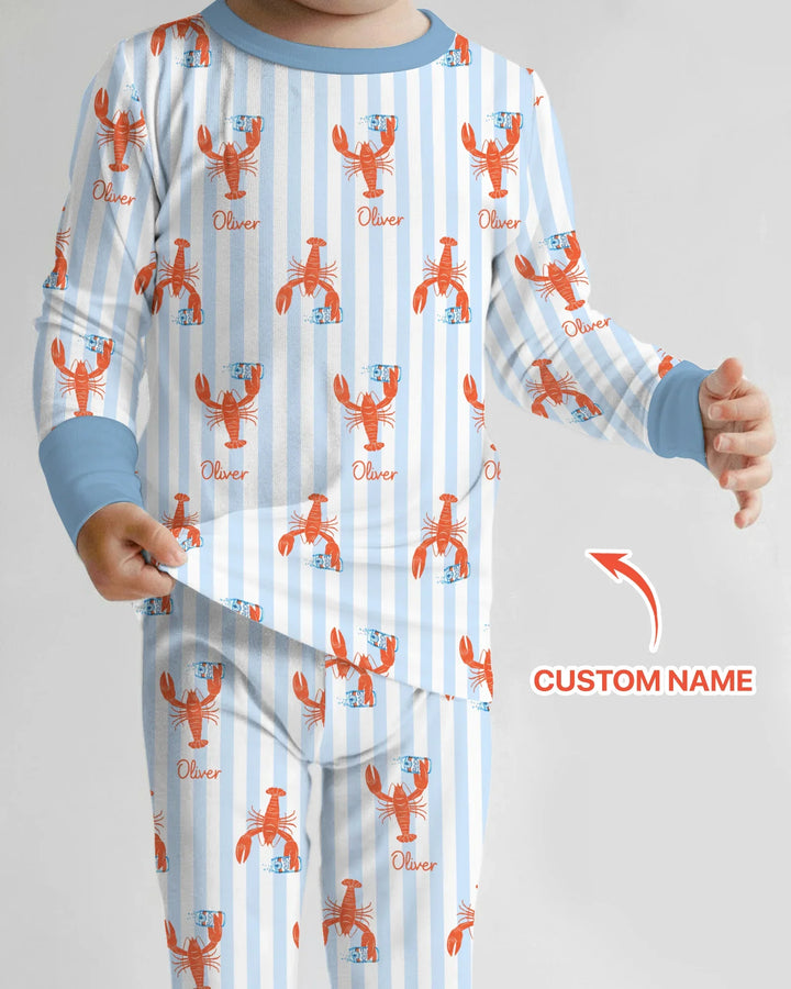 Conjunto de pijama de dos piezas de bambú de manga larga con nombre personalizado, diseño de cerveza y cangrejo de río