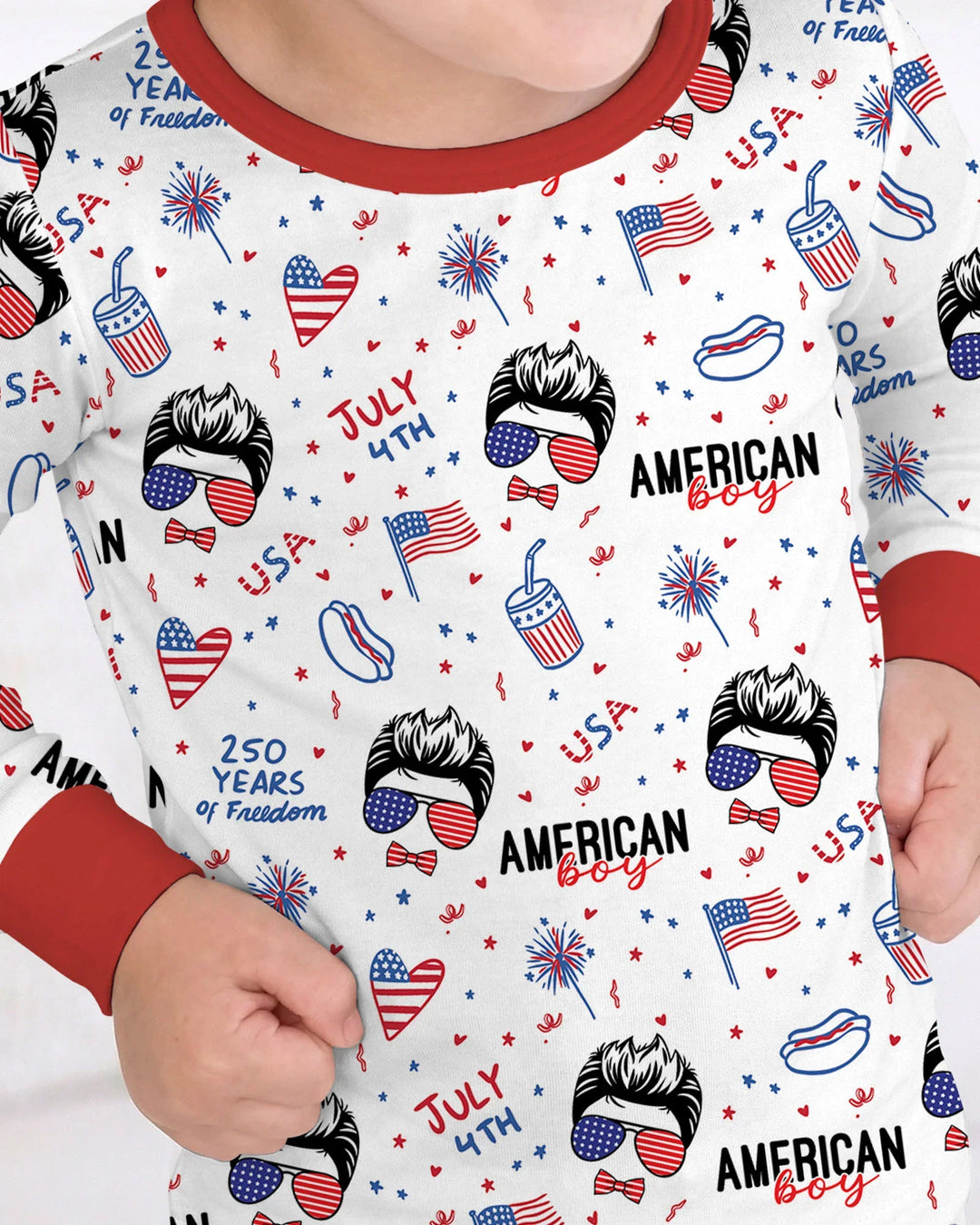 Doodle American Flag Glasses Family Matching Bamboo Two Piece Long Sleeve Pajama Set