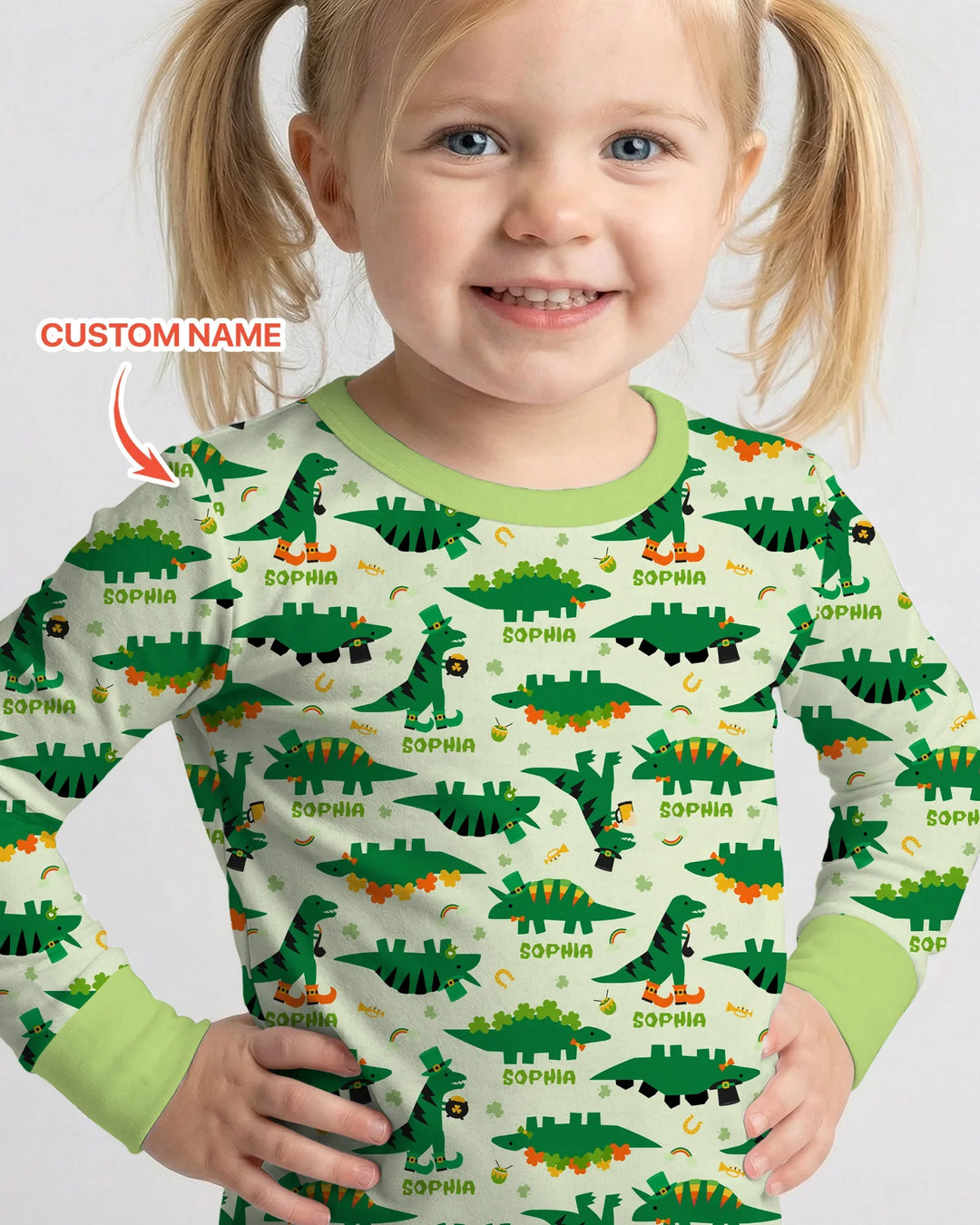 St. Patrick's Day Dinosaurs Custom Two Piece Long Sleeve Pajama Set