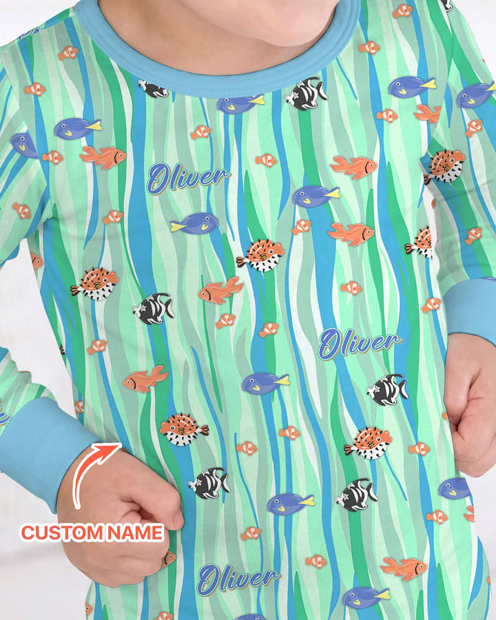 Custom Name Summer Beach Bamboo Two Piece Long Sleeve Pajama Set