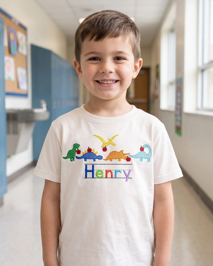 Custom Name Dino's First Day Embroidered Bamboo Crewneck T-Shirt