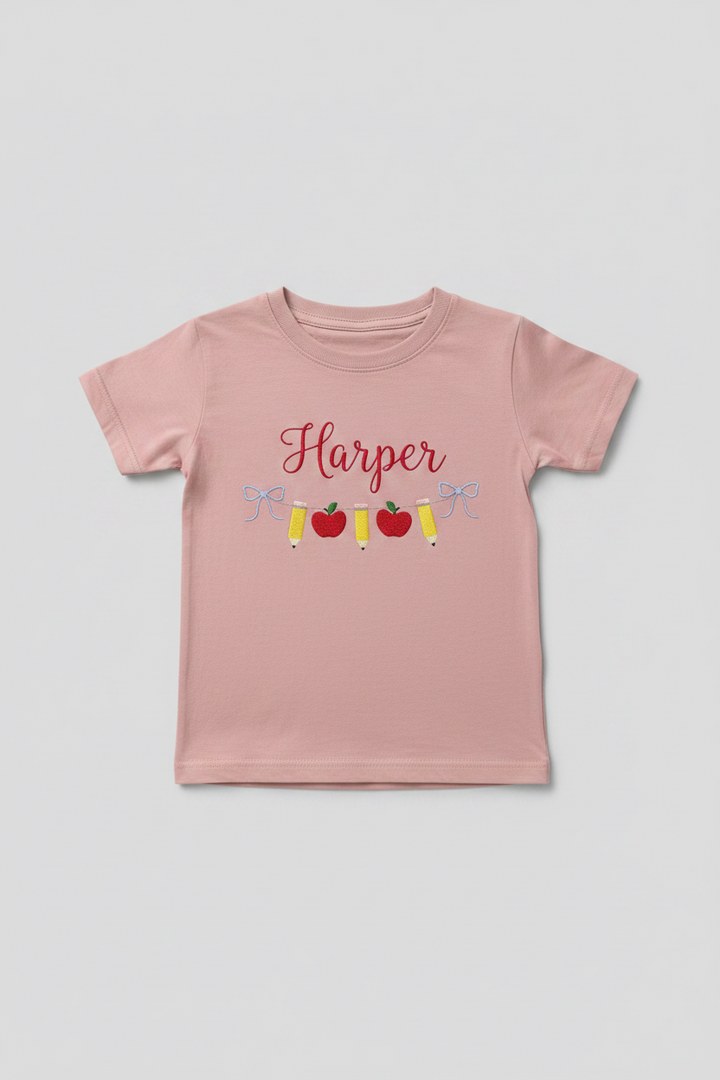 Custom Name Pencil Charm Embroidered Bamboo Crewneck T-Shirt