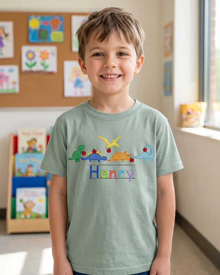 Custom Name Dino's First Day Embroidered Bamboo Crewneck T-Shirt
