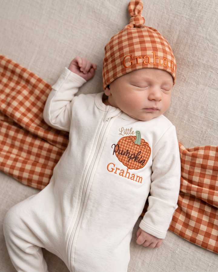 Custom Name Little Pumpkin Gingham Applique Embroidered Bamboo Zipper Footie