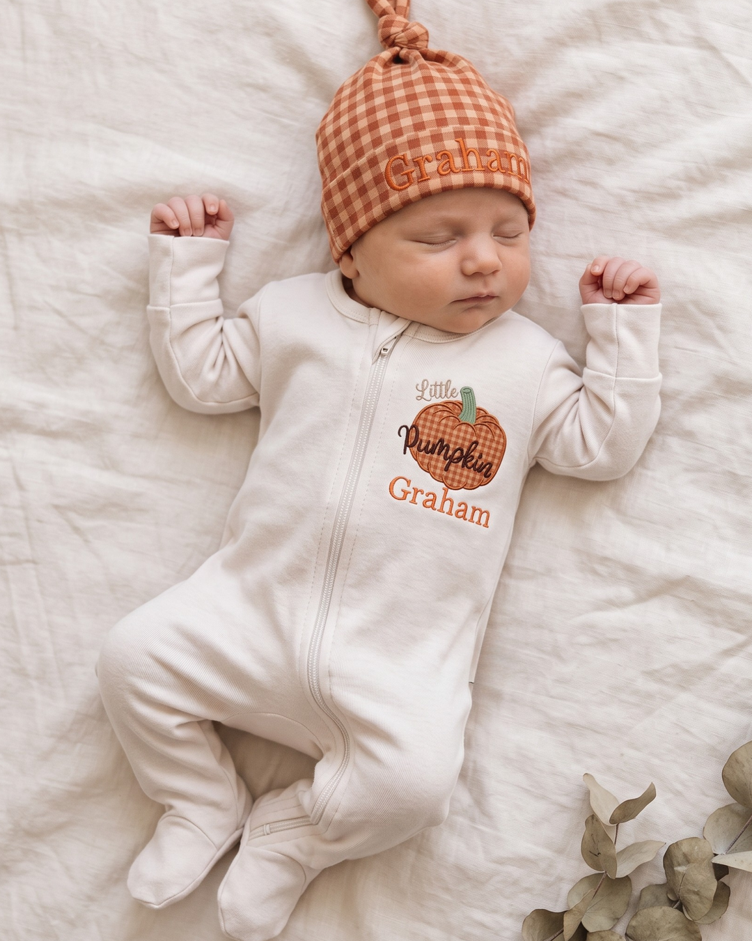 Custom Name Little Pumpkin Gingham Applique Embroidered Bamboo Zipper Footie