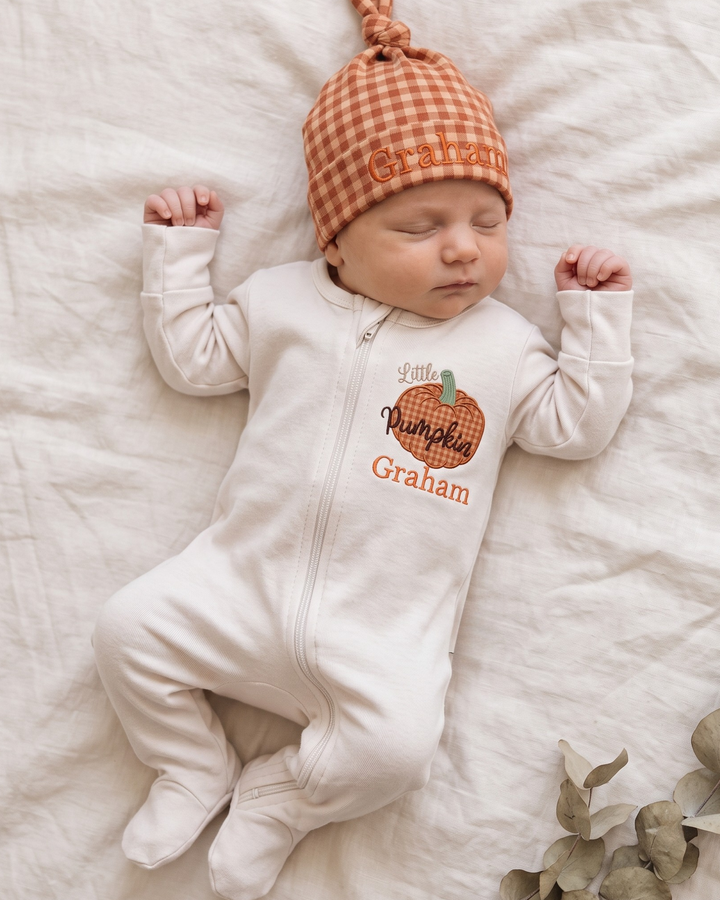 Custom Name Little Pumpkin Gingham Applique Embroidered Bamboo Hat