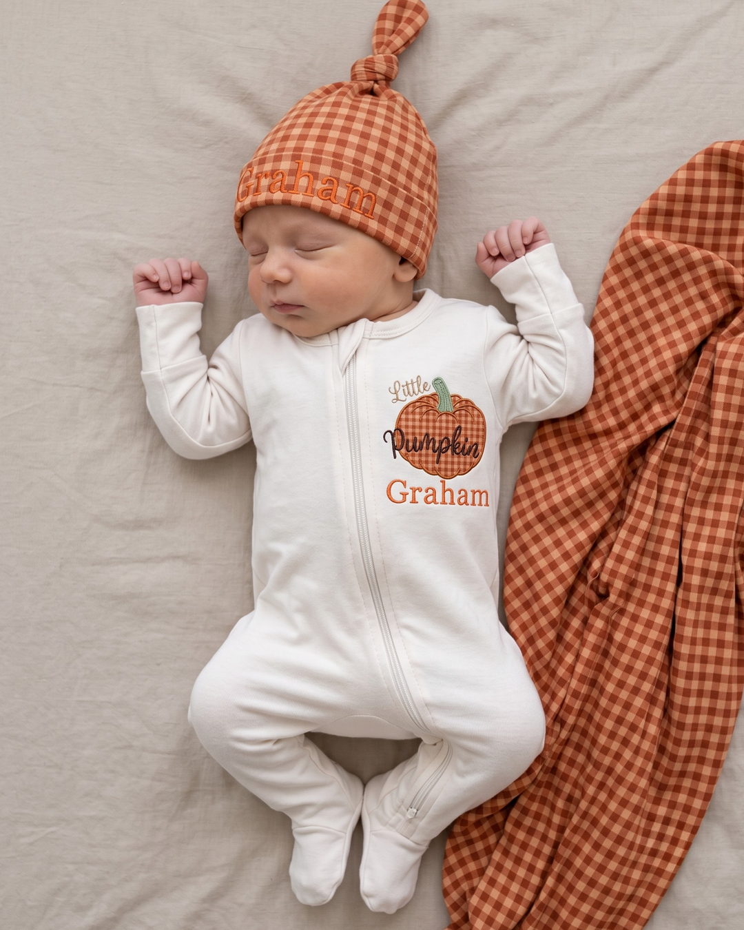 Custom Name Little Pumpkin Gingham Applique Embroidered Bamboo Zipper Footie