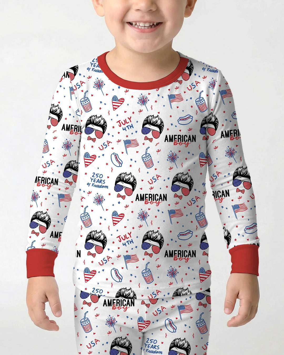 Doodle American Flag Glasses Family Matching Bamboo Two Piece Long Sleeve Pajama Set