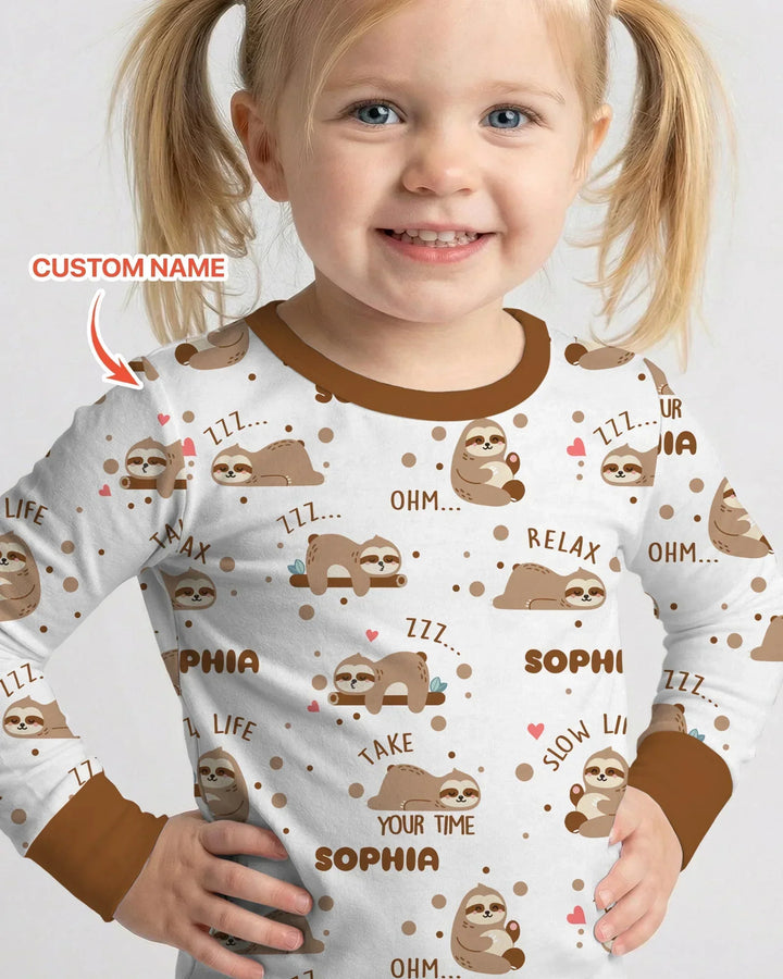 Custom Name Cute Sloth Two Piece Long Sleeve Pajama Set