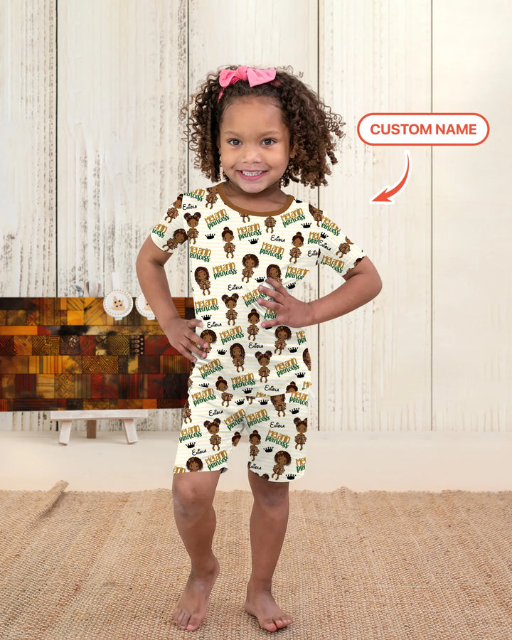 Pijama de dos piezas de bambú con nombre personalizado, "Princesa Melanin", manga corta y pantalón corto