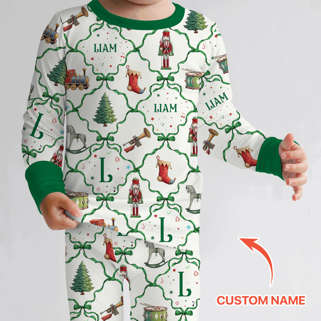 Vintage Christmas Toy Custom Name Boy Two Piece Long Sleeve Pajama Set
