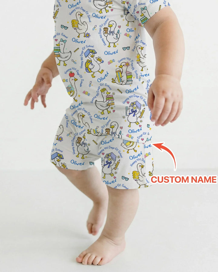 Custom Name Goose Happy 100 Days Of School Two Piece Short Sleeve Shorts Pajama Set