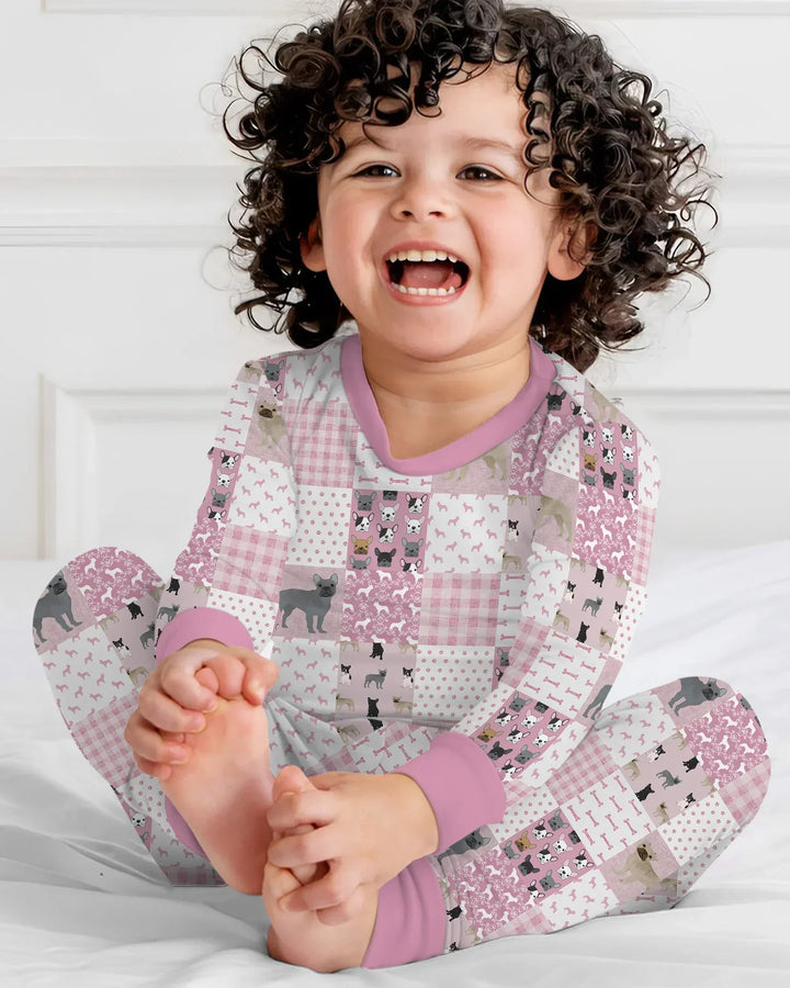 Frenchies Patchwork Family Matching Two Piece Long Sleeve Pajama Set