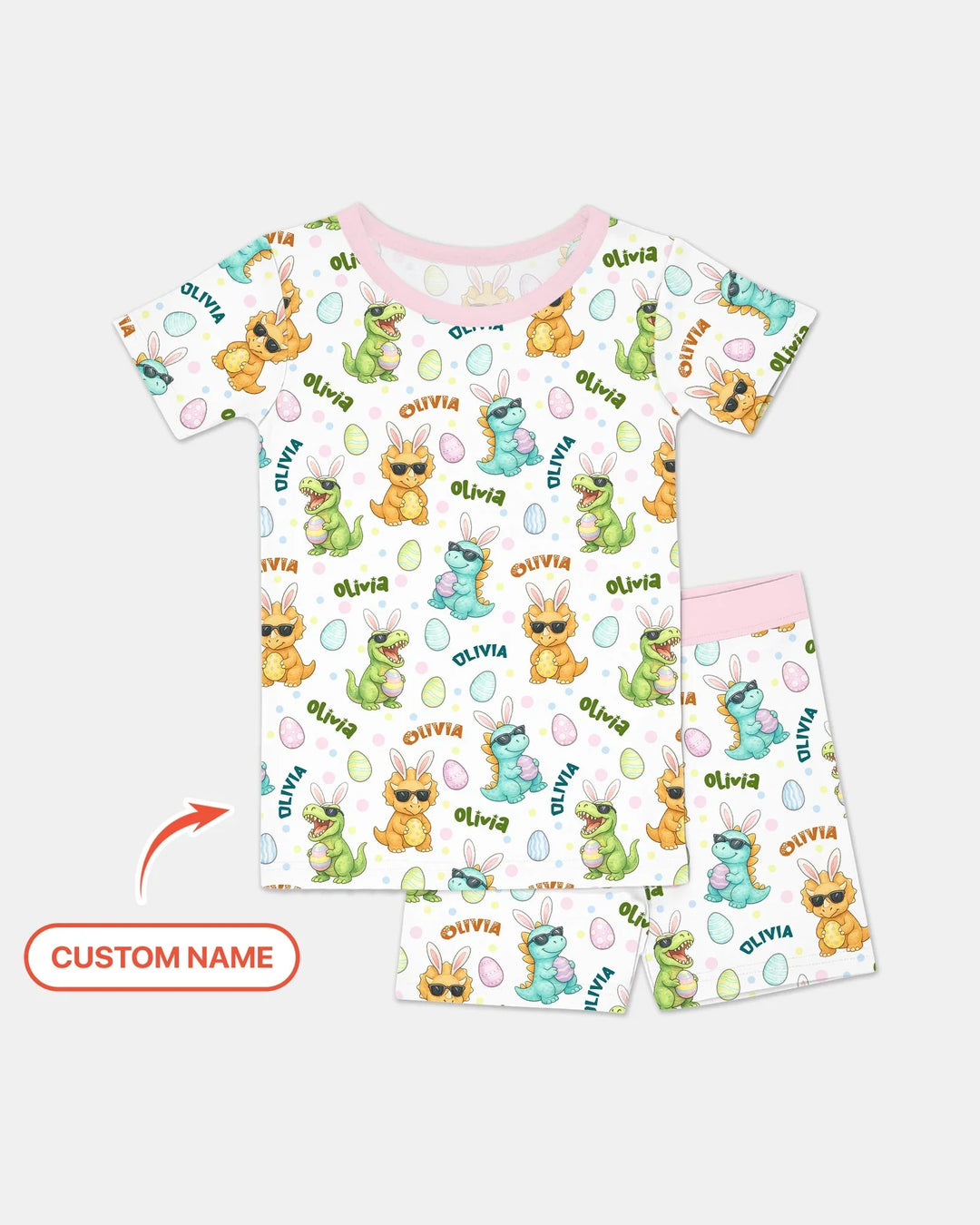 Custom Name Dinosaur on the Hunt Two Piece Short Sleeve Shorts Pajama Set
