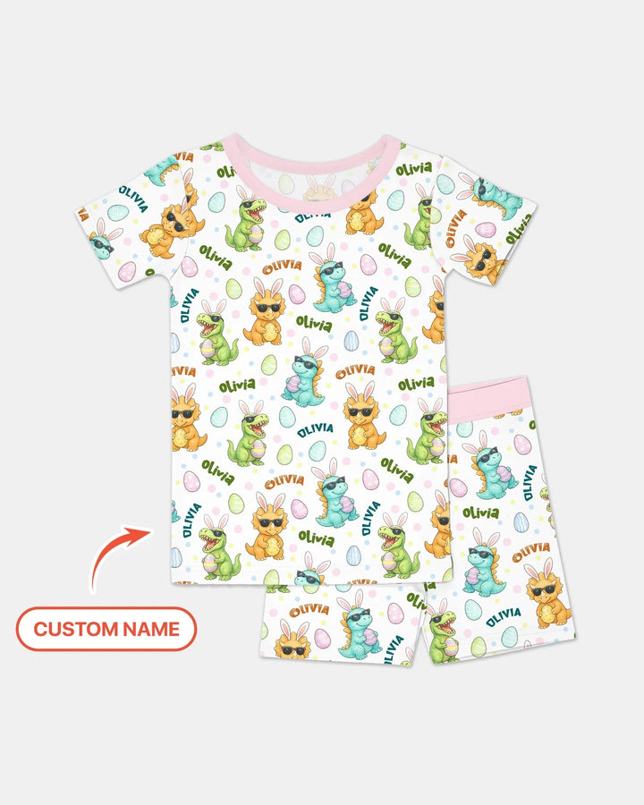 Custom Name Dinosaur on the Hunt Two Piece Short Sleeve Shorts Pajama Set