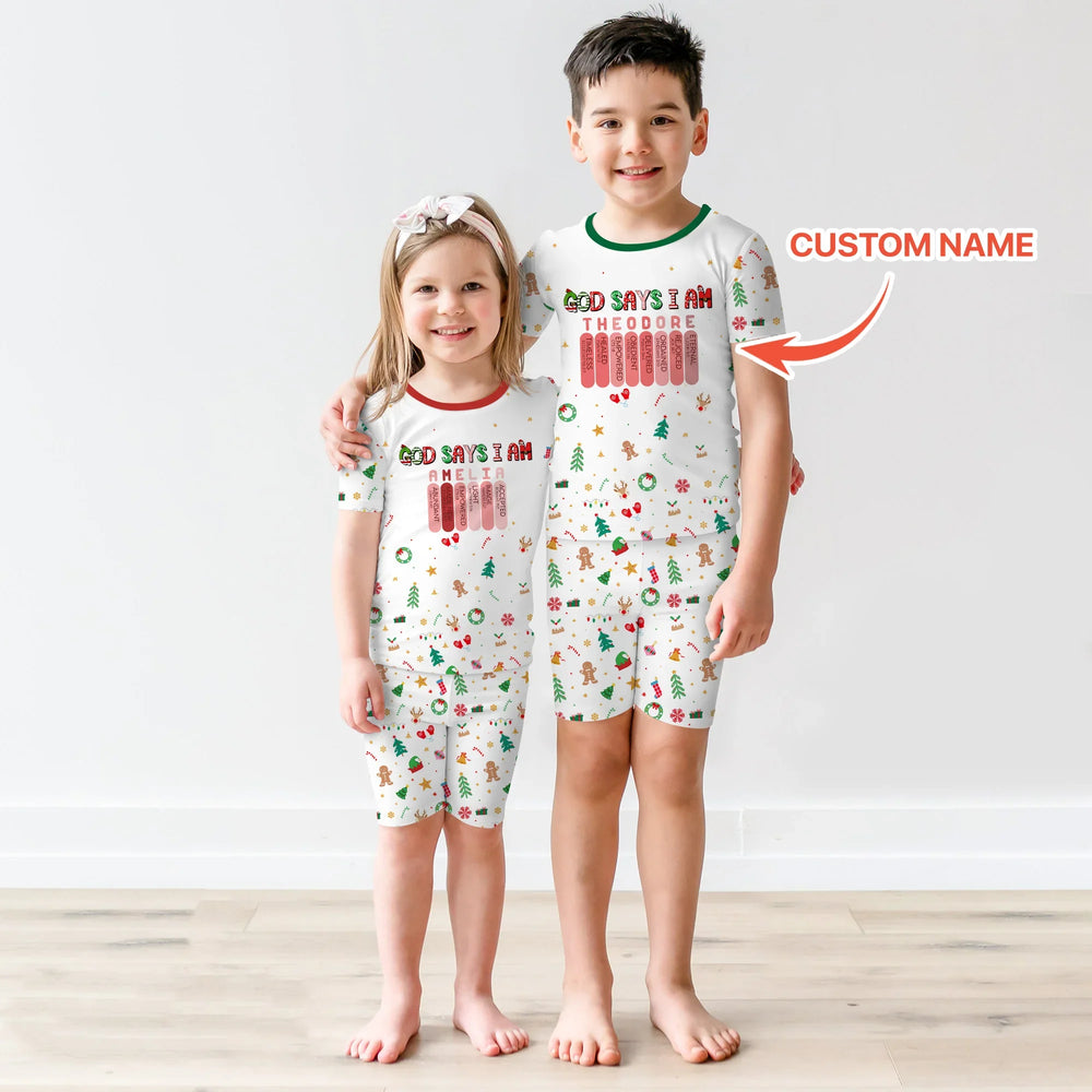 Christmas Blessings God Says I Am Custom Name Two Piece Short Sleeve Shorts Pajama Set , Christmas Blessings God Says I Am Custom Name Two Piece Short Sleeve Shorts Pajama Set - 12-18M