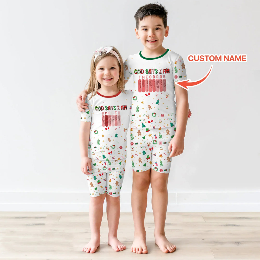 Christmas Blessings God Says I Am Custom Name Two Piece Short Sleeve Shorts Pajama Set , Christmas Blessings God Says I Am Custom Name Two Piece Short Sleeve Shorts Pajama Set - 12-18M