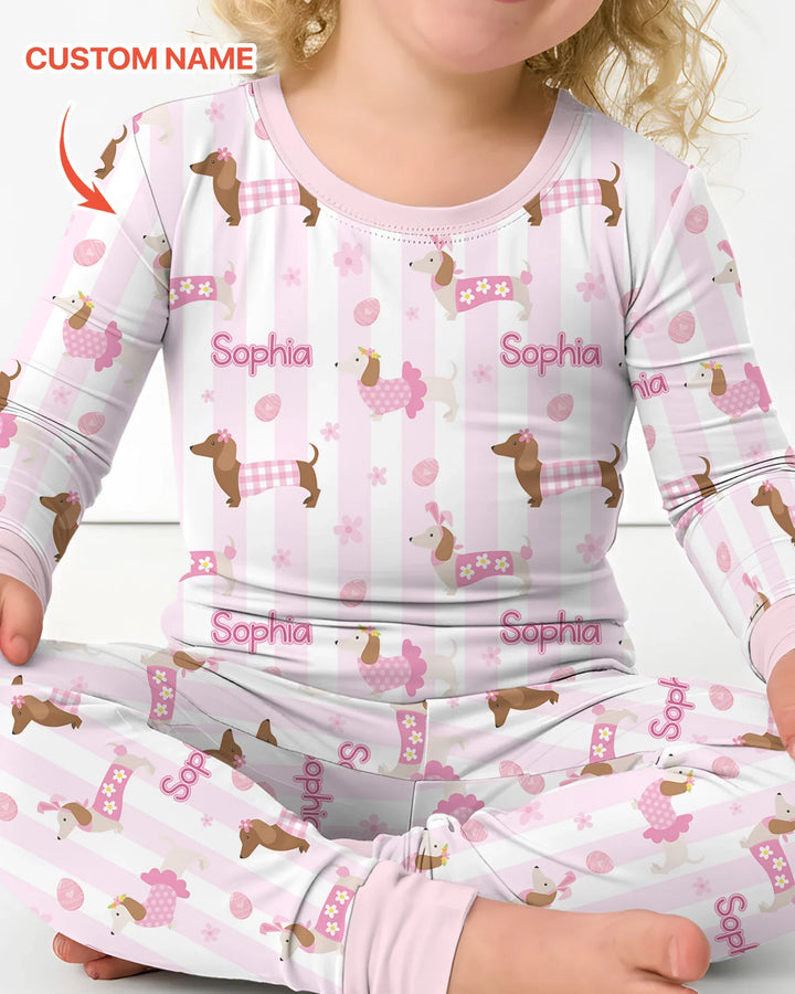 Custom Name Easter Dachshunds Family Matching Two Piece Long Sleeve Pajama Set