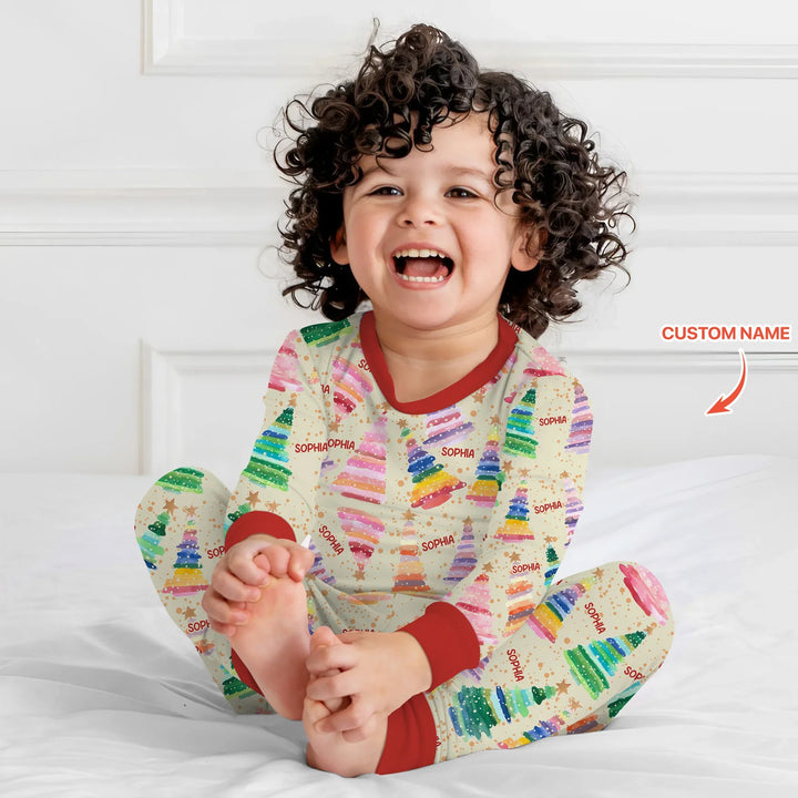Personalized Twinkle Christmas Trees Two Piece Long Sleeve Pajama Set