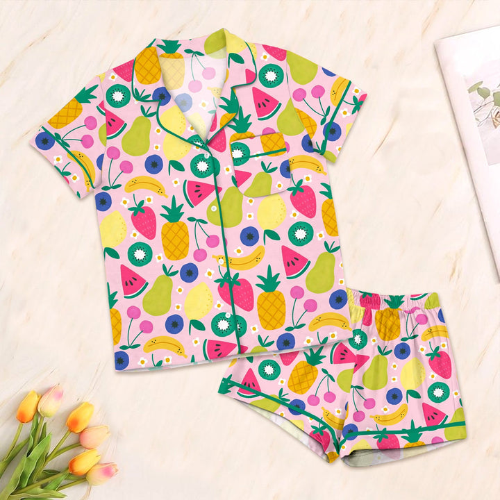 Summer Fruits Button Down Two Piece Short Sleeve Shorts Pajama Set