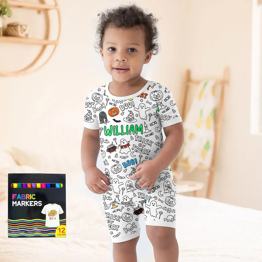 Custom Name Colorable Halloween Trick or Treat Two Piece Short Sleeve Shorts Pajama Set , Custom Name Colorable Halloween Trick or Treat Two Piece Short Sleeve Shorts Pajama Set - 3T