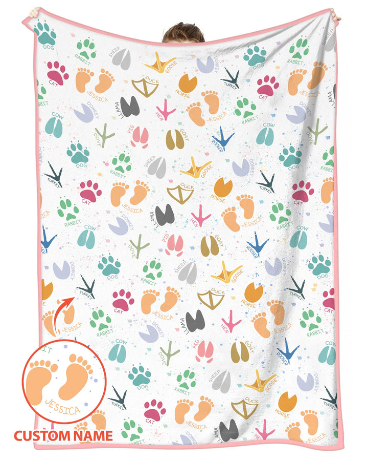 Cute Farm Animal Tracks Custom Name Bamboo Blanket