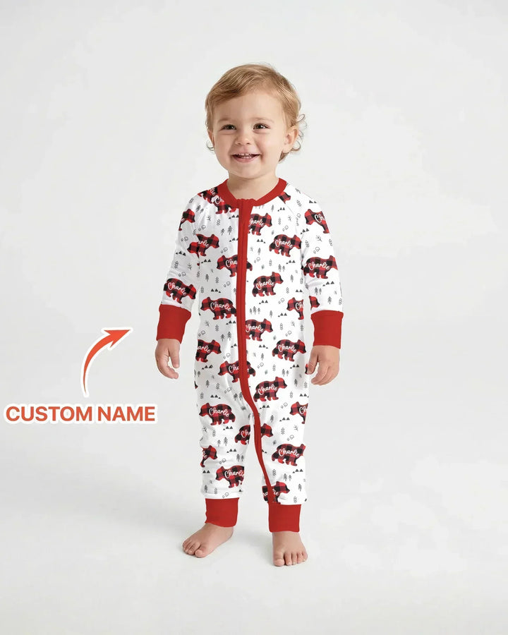 Oso familiar con nombre personalizado, a juego, de bambú convertible con cremallera