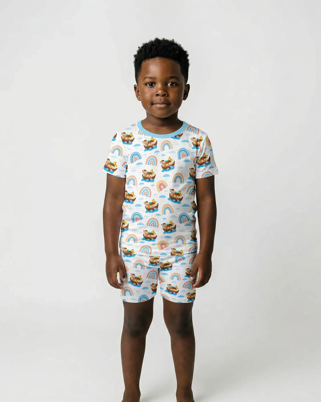 Conjunto de pijama de dos piezas de pantalón corto y manga corta "El Arca de Noé y la promesa del arcoíris de Dios"