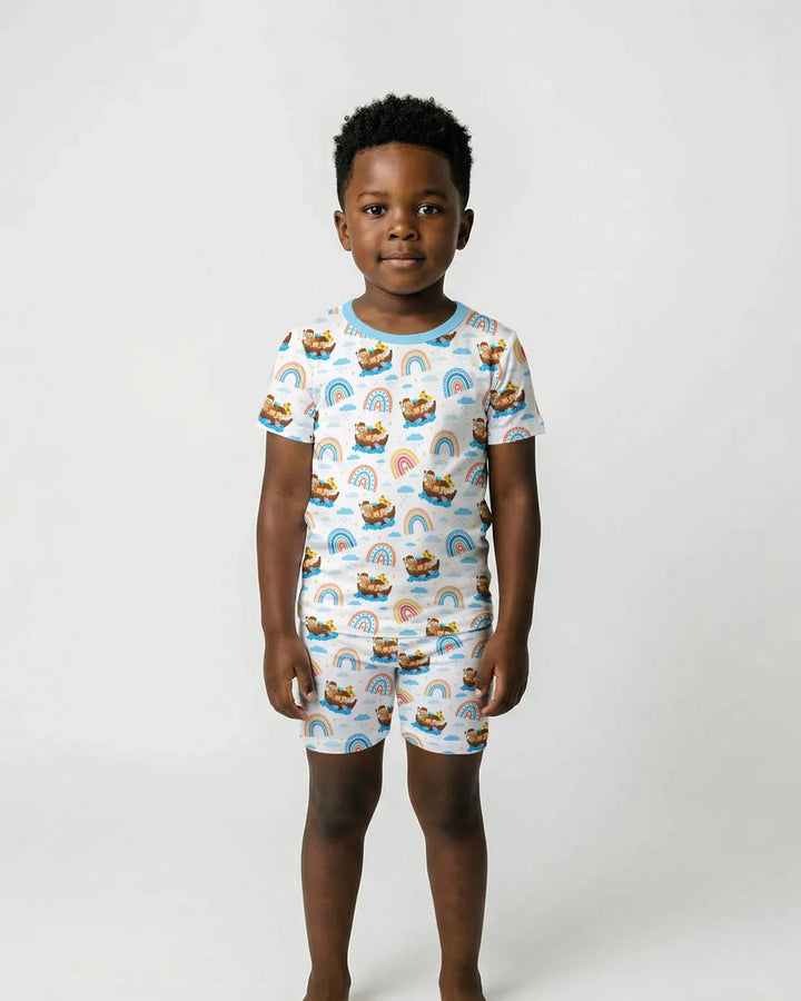 Conjunto de pijama de dos piezas de pantalón corto y manga corta "El Arca de Noé y la promesa del arcoíris de Dios"