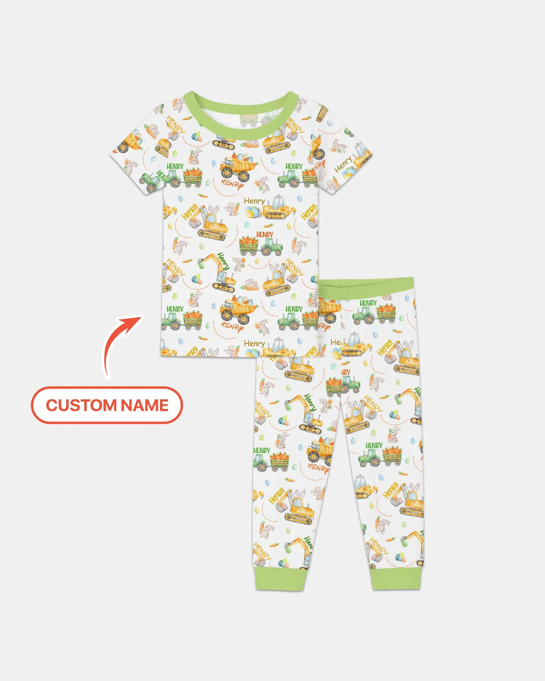 Easter Construction Vehicles Custom Name Two Piece Short Sleeve Pajama Set