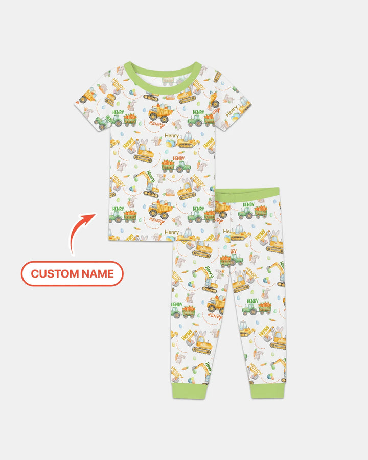 Easter Construction Vehicles Custom Name Two Piece Short Sleeve Pajama Set