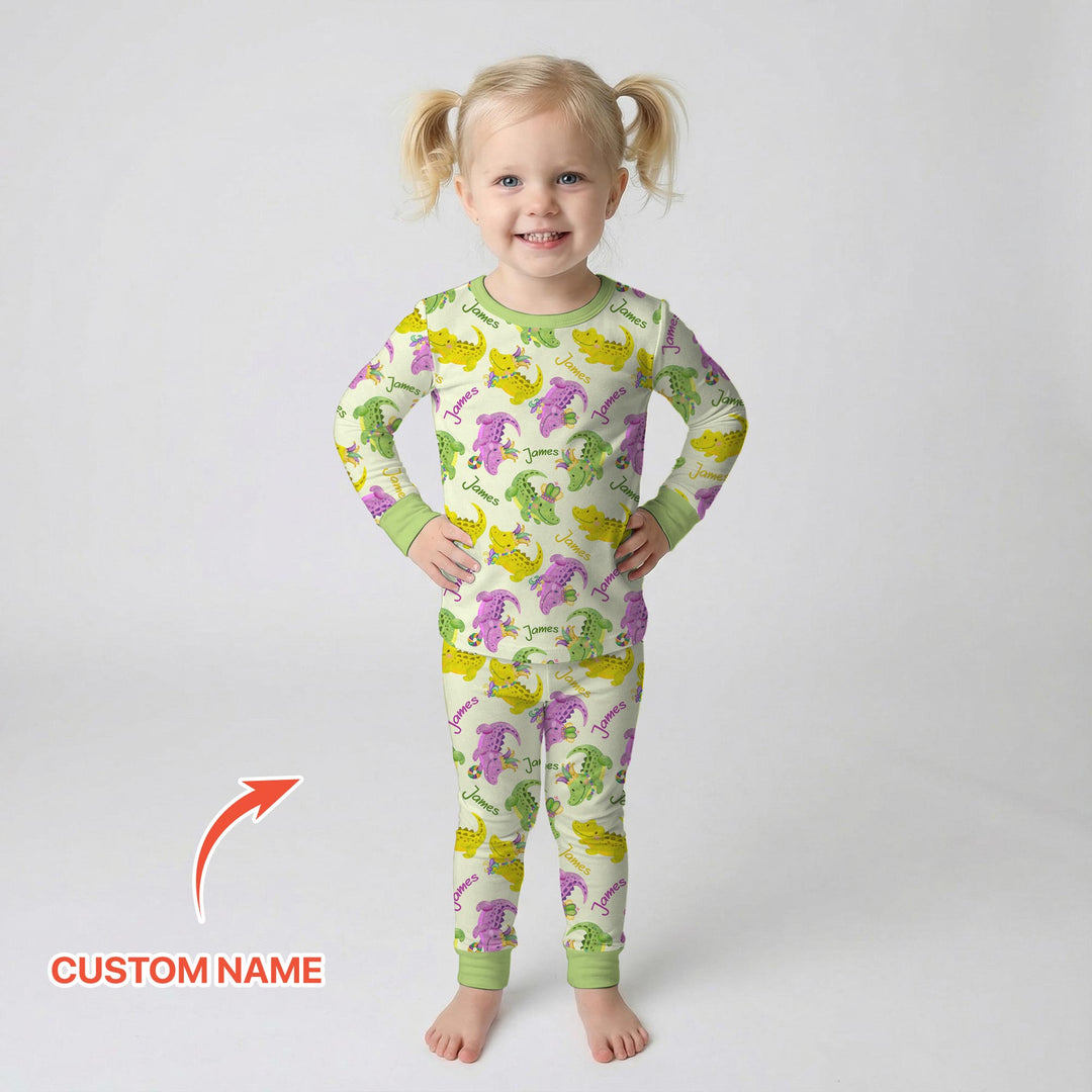 Custom Name Mardi Gras Alligator Two Piece Long Sleeve Pajama Set
