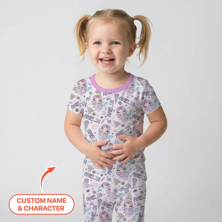 Custom Name Doodle Little Mermaid Two Piece Short Sleeve Pajama Set