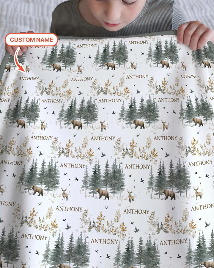 Manta de bambú personalizada con nombre, bosque, oso, ciervo